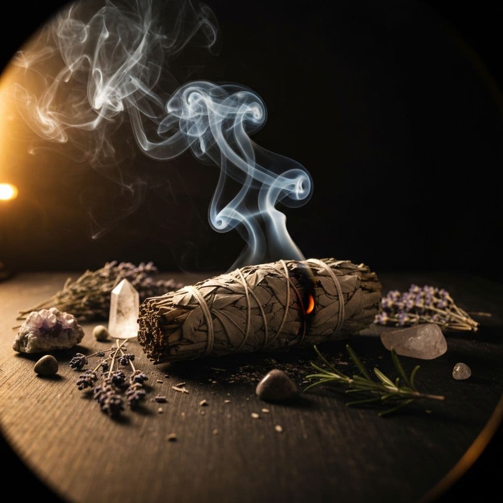 Ritual de limpieza energética con sahumerio, cristales y velas