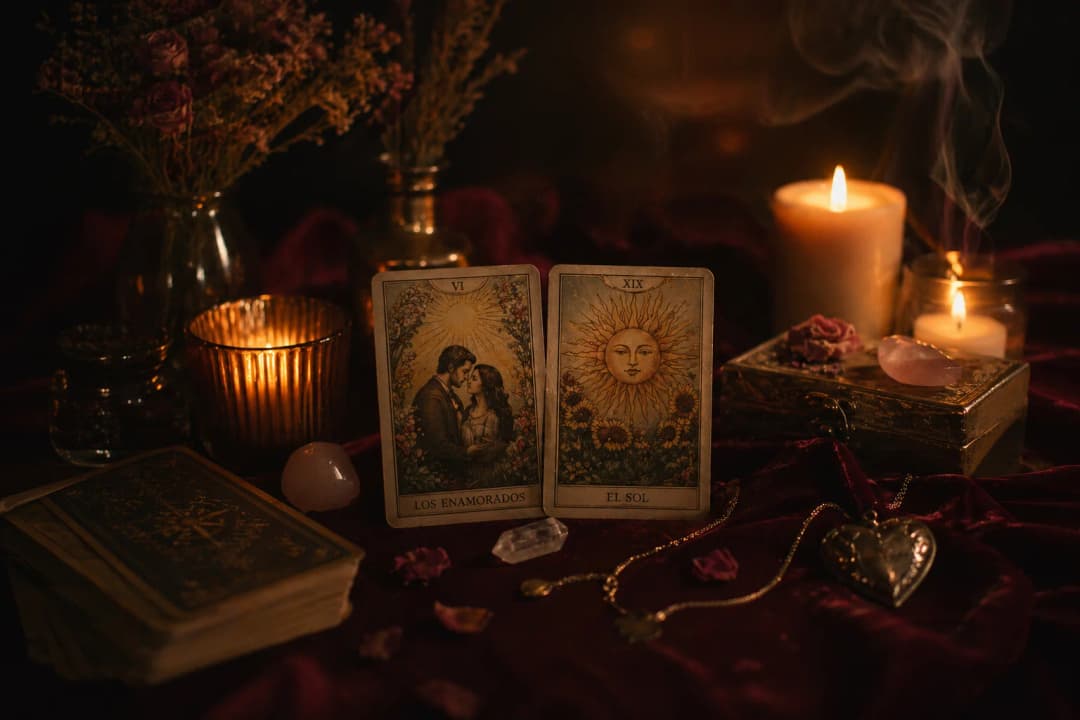 Especialista en amarres de amor preparando un ritual con velas y elementos naturales